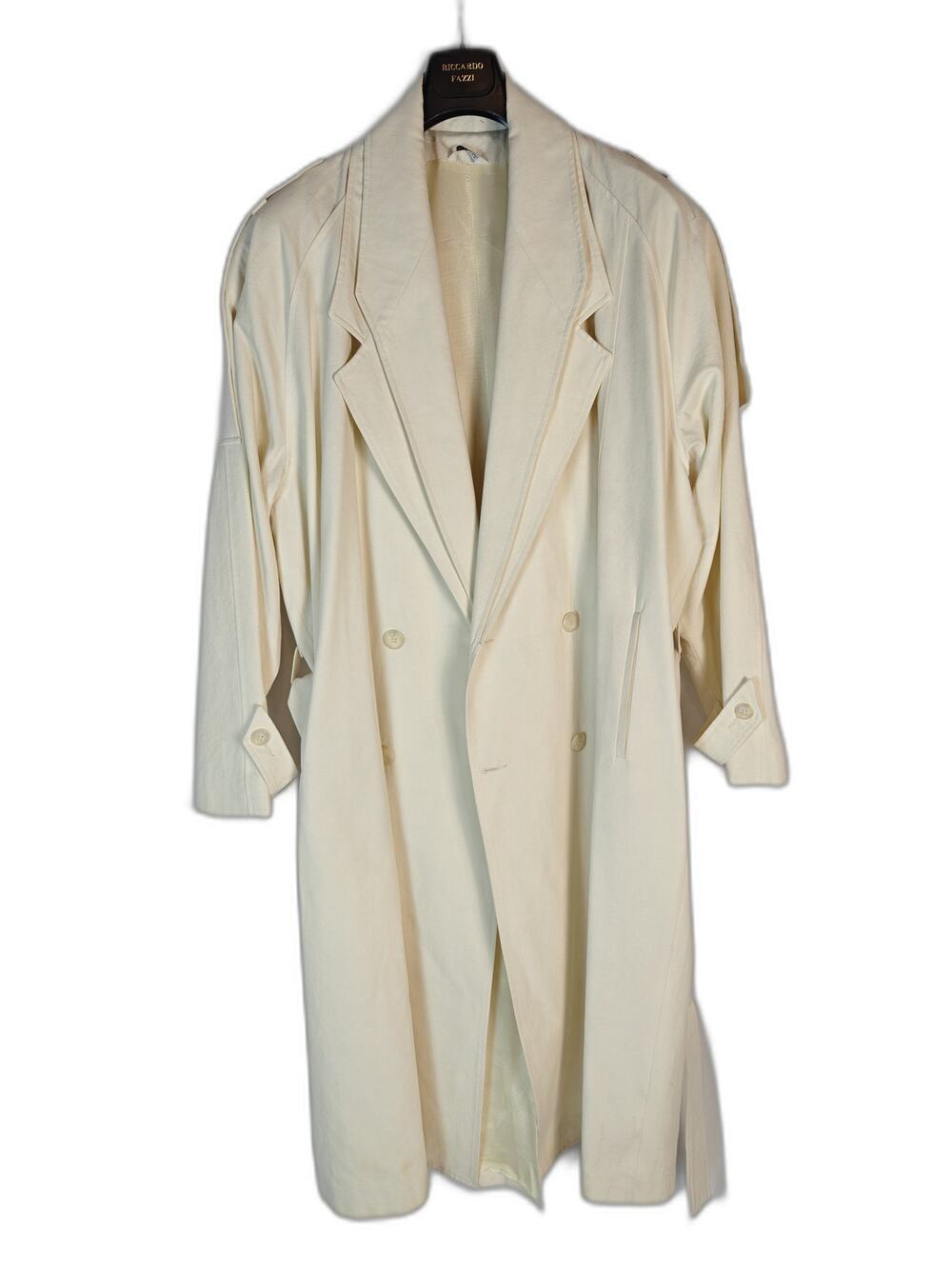 Millenia Men's Ivory Trench Coat Size 44 Long Double Breasted Belted USA